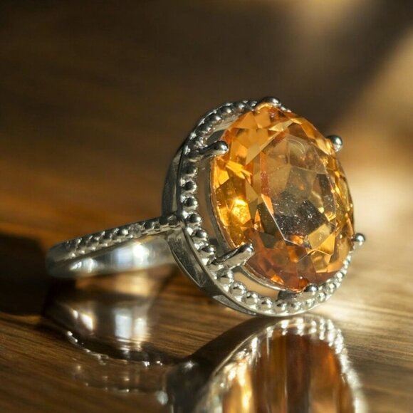 Vintage Style Sterling Silver Ring Oval 4.5 Ct Natural Citrine and Diamonds 7.25 - Picture 1 of 7